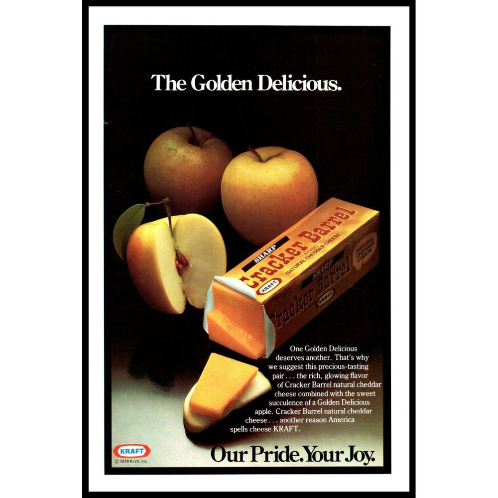 1979 Cracker Barrel Cheese Golden Delicious Apple Vintage Print Ad Wall Art